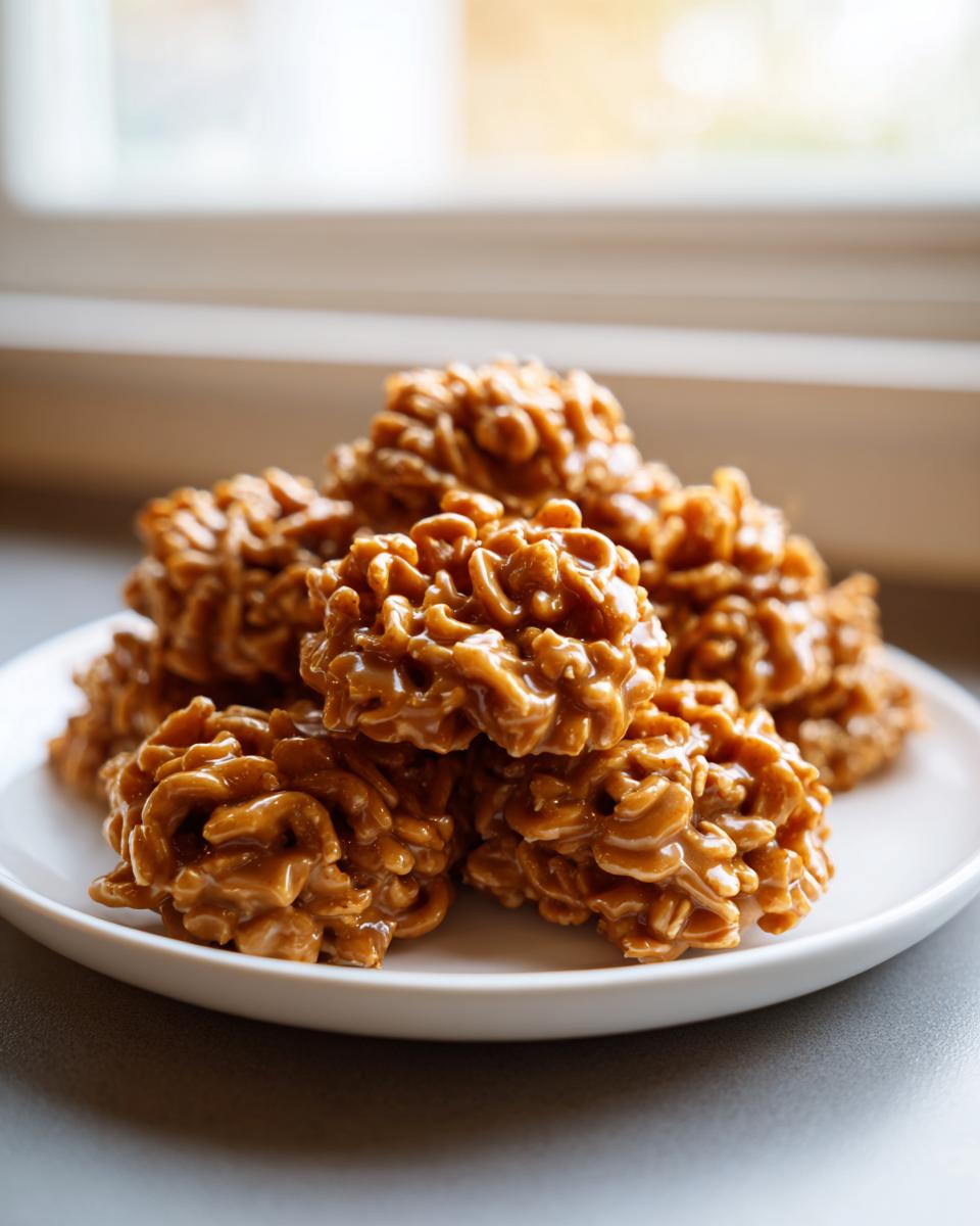 A mound of glossy, caramel-colored haystack cookies stacked on a small white plate near a window.