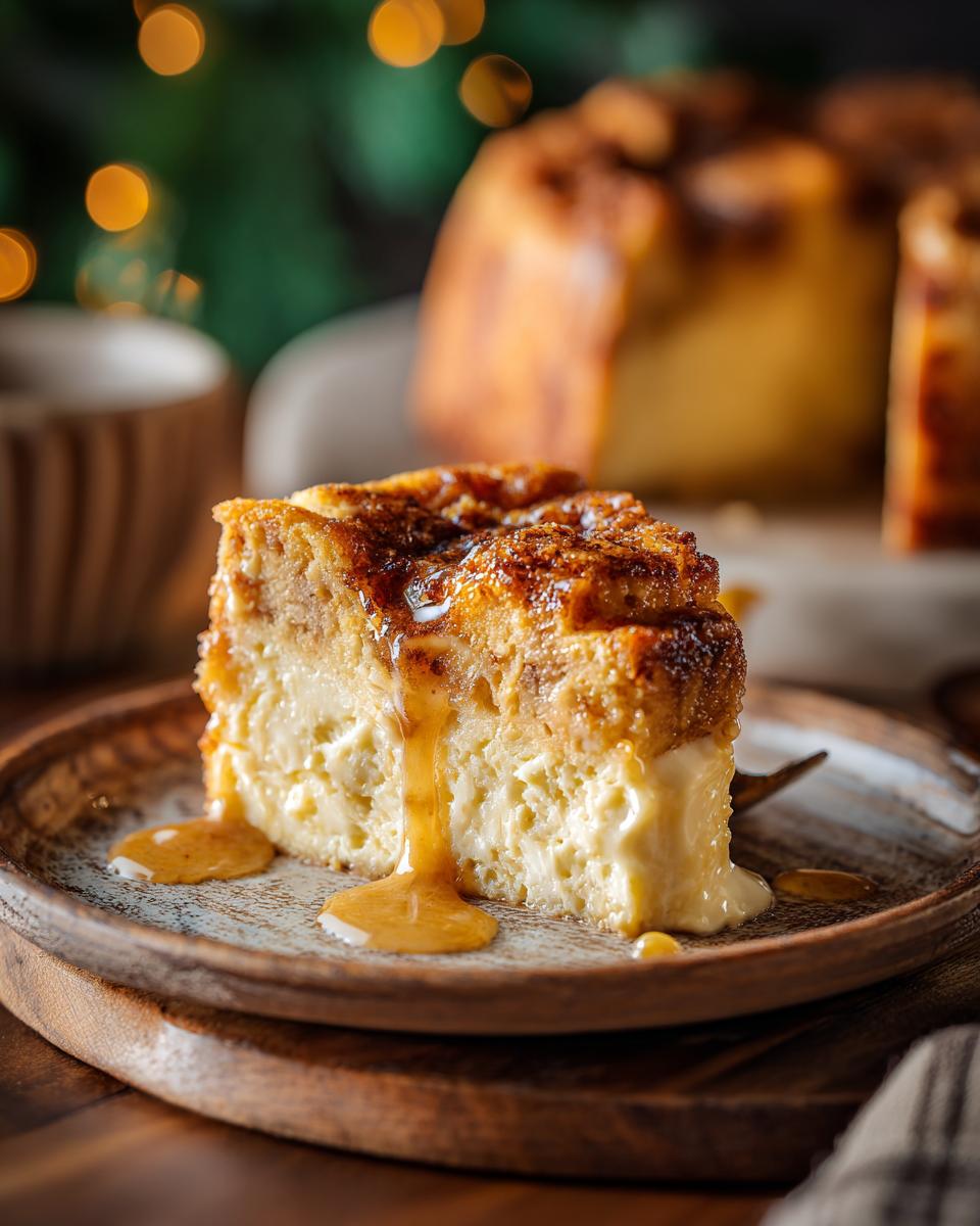 A slice of old-fashioned bread pudding, drizzled with caramel sauce, on a rustic plate.