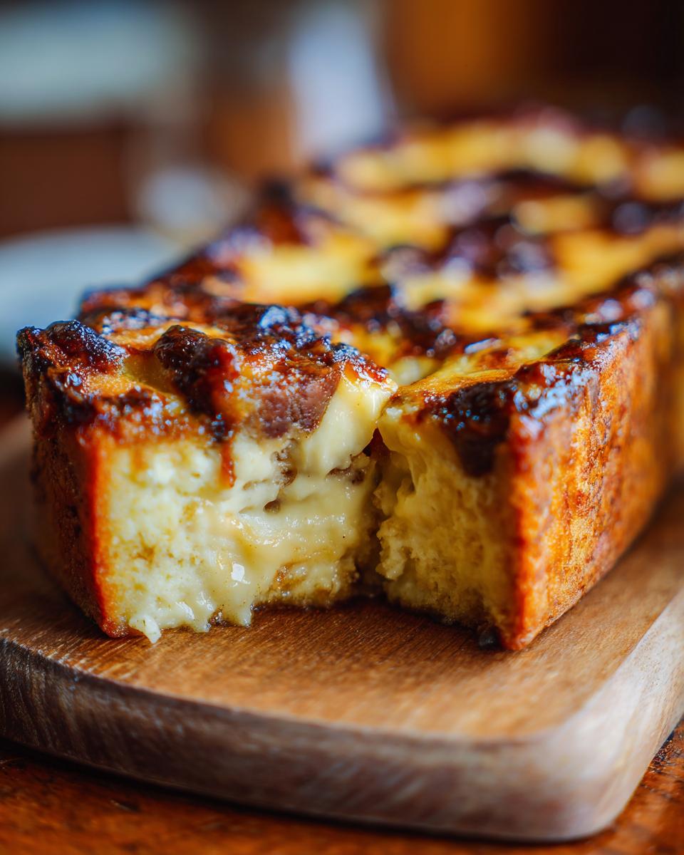 A close-up of a golden-brown slice of old-fashioned bread pudding with a rich, creamy center.