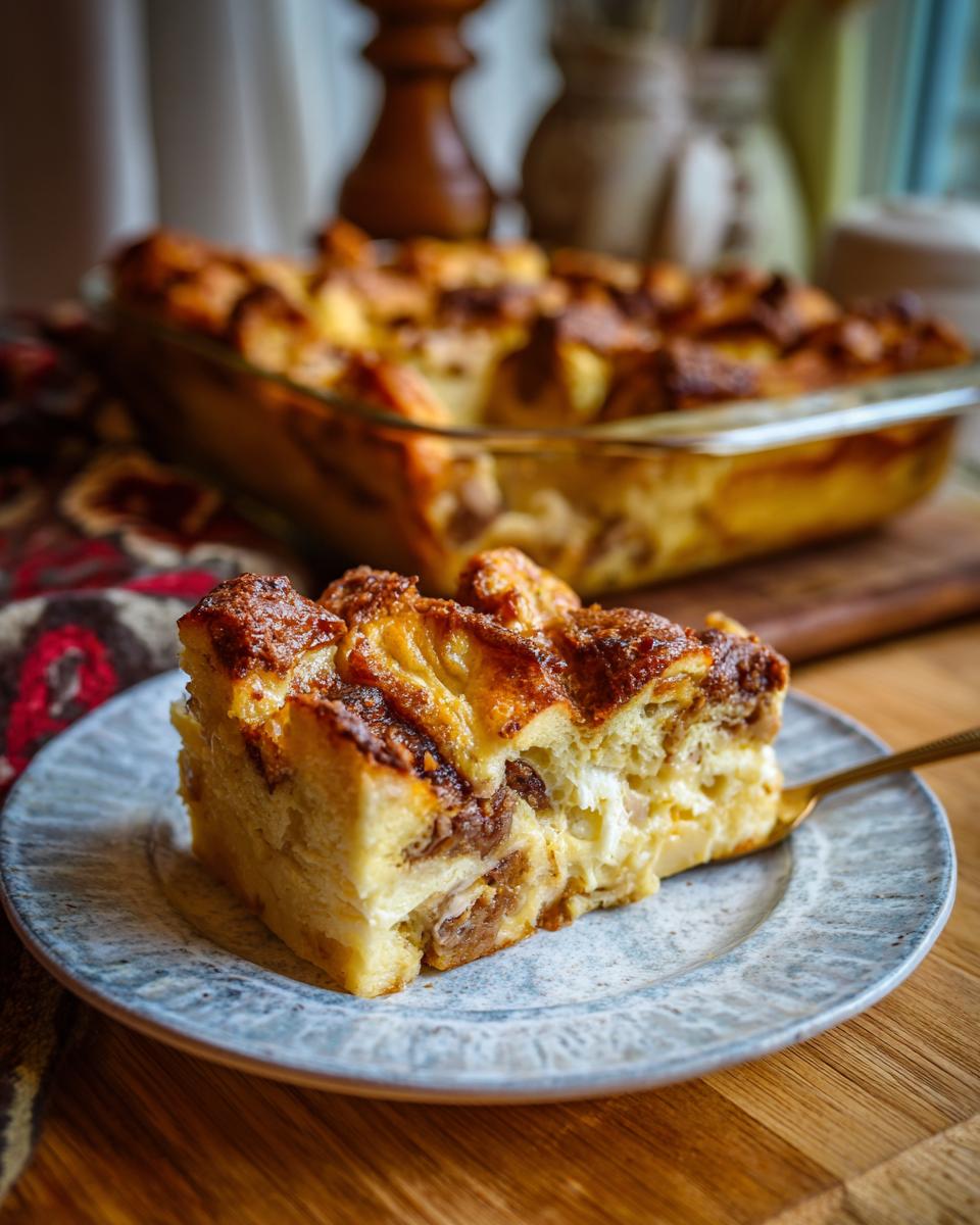 A golden slice of old-fashioned bread pudding served on a blue-grey plate, with the rest of the pudding in the background.