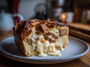 A golden slice of old-fashioned bread pudding with a rich, creamy sauce oozing out.