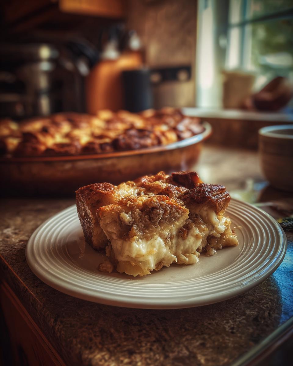 A golden slice of old-fashioned bread pudding on a white plate, with the rest of the pudding in the background.