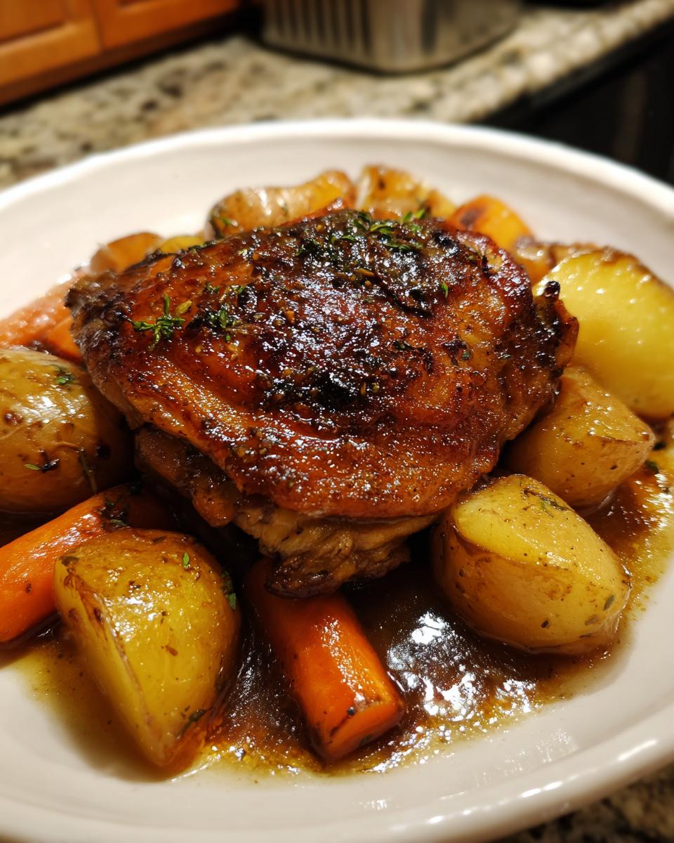 A close-up of a perfectly seared and glazed braised chicken thighs served with roasted potatoes and carrots in a rich sauce.