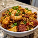 A close-up of a white bowl filled with savory jambalaya, featuring shrimp, sliced sausage, and green onions.