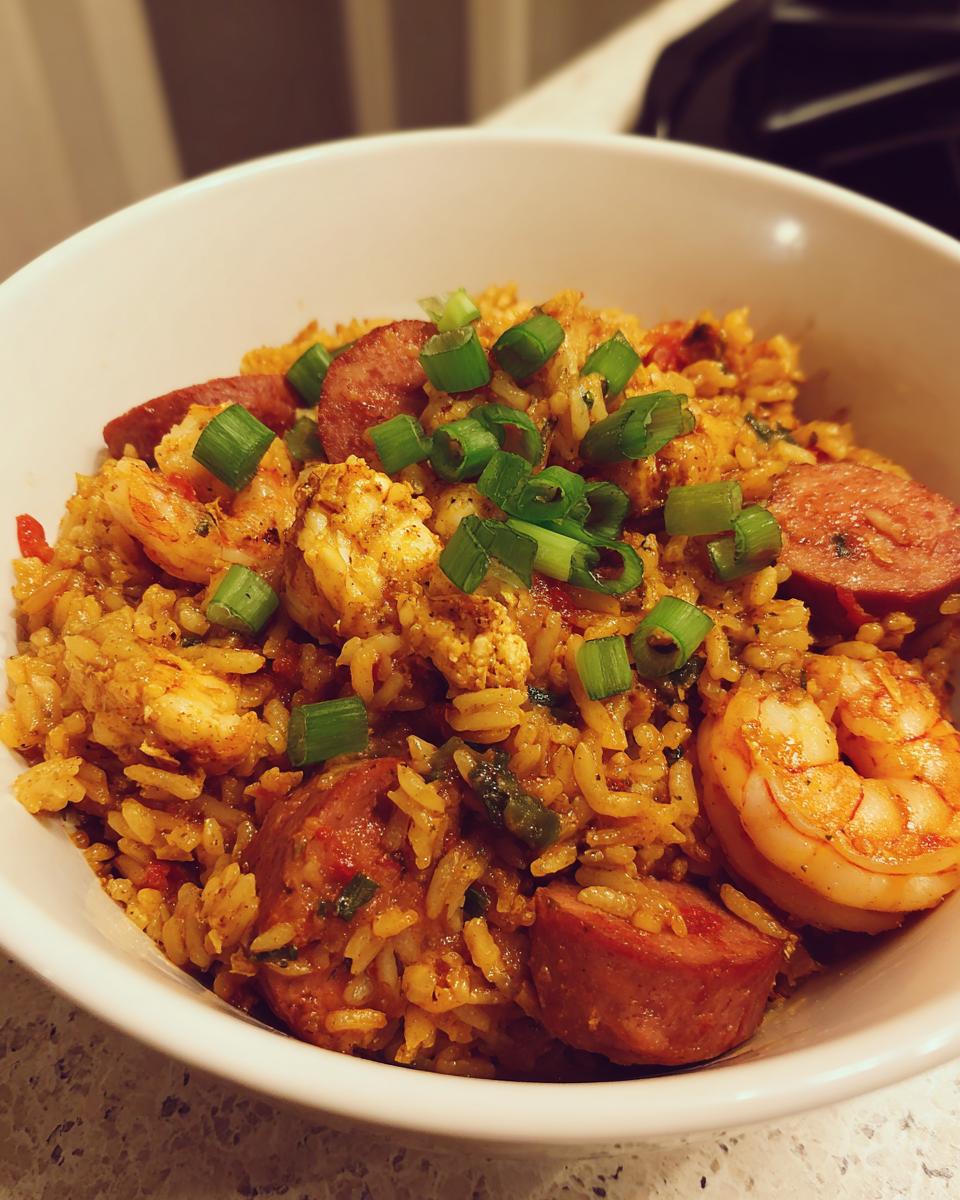 Close-up of a hearty serving of shrimp and sausage jambalaya topped with fresh green onions in a white bowl.