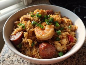 A close-up of a hearty serving of shrimp and sausage jambalaya, garnished with green onions, in a white bowl.