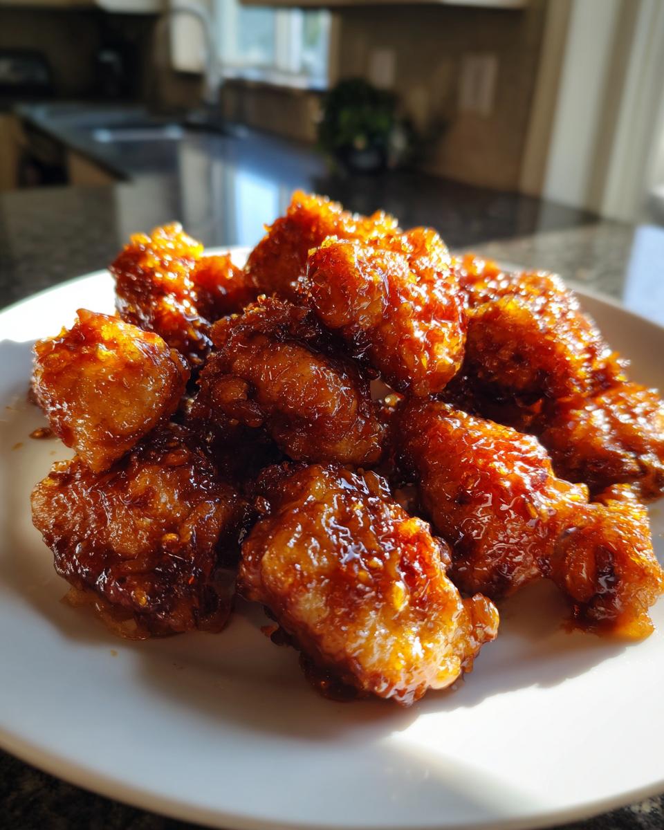 Close-up of crispy, glazed pieces of homemade orange chicken recipe piled on a white plate.