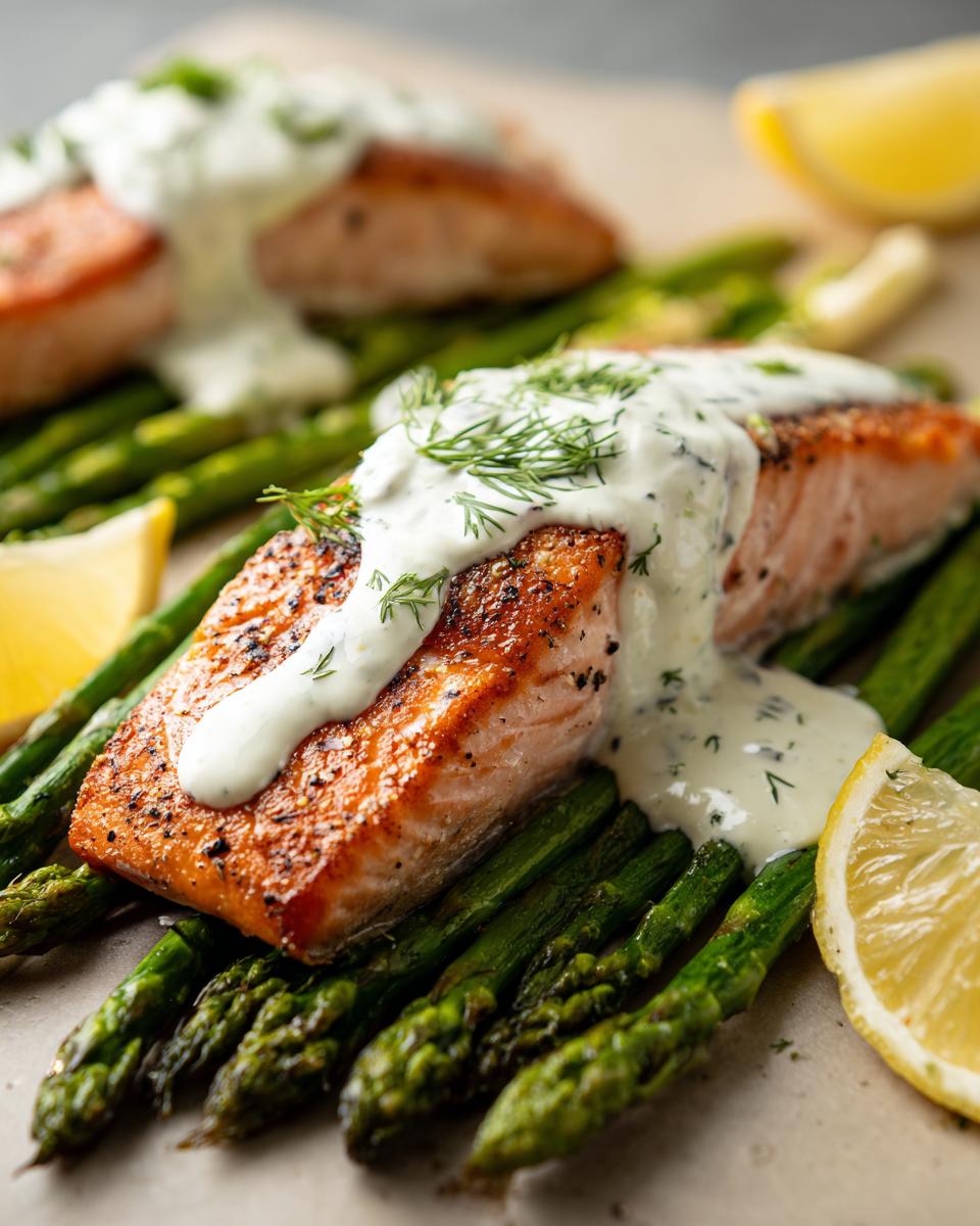 A close-up of pan-seared salmon fillet served over asparagus, drizzled with a creamy sauce and garnished with dill. Perfect for anti-inflammatory dinners.