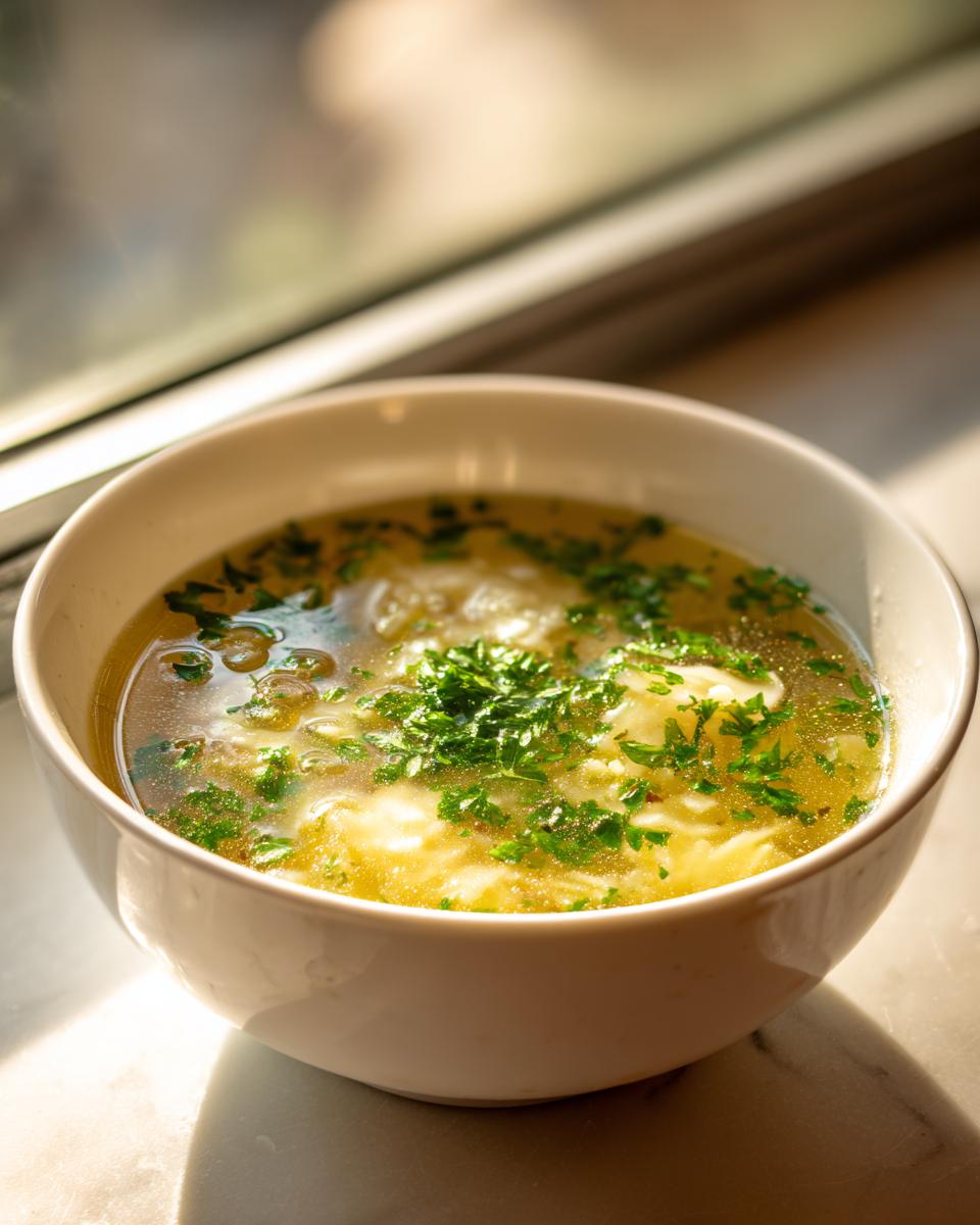 A white bowl filled with hot pastina soup garnished generously with fresh chopped parsley.