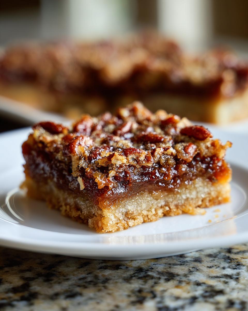A close-up of a single pecan pie bar on a white plate, showcasing the flaky crust and gooey pecan topping.