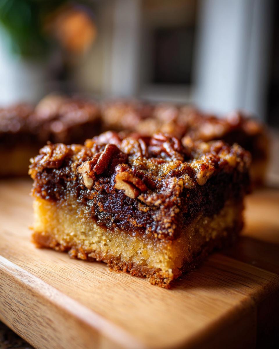 A close-up of a delicious pecan pie bar, showcasing the flaky crust and gooey pecan topping.