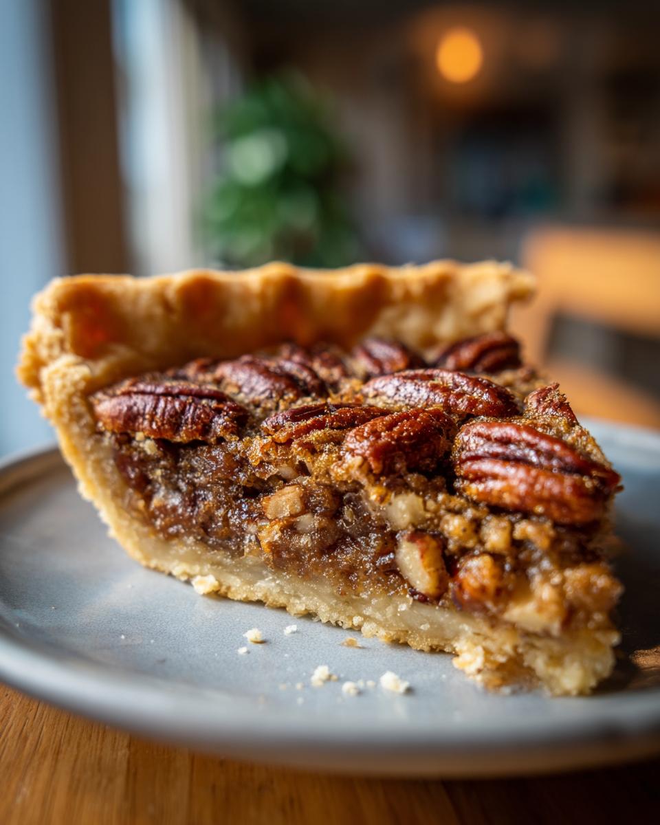 A close-up of a slice of pecan pie bars on a plate, showcasing the flaky crust and rich pecan filling.