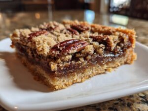A close-up of a single, perfectly baked pecan pie bar with a gooey center and crunchy pecan topping.