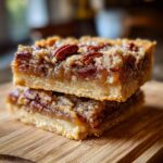 Two stacked pecan pie bars on a wooden board, showcasing the gooey filling and pecan topping.