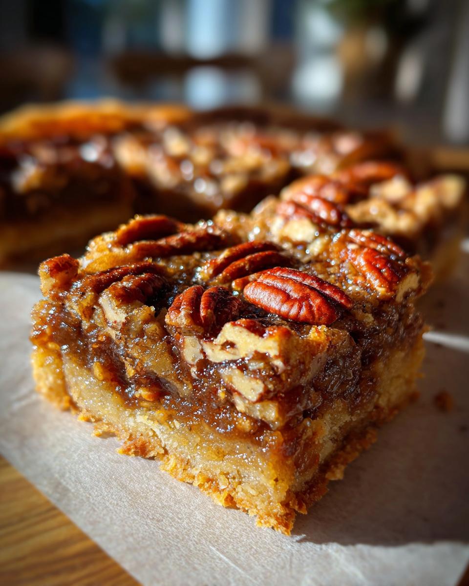 Close-up of a rich, gooey pecan pie bar topped with whole pecans, showcasing its flaky crust.