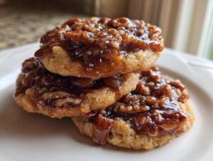 A stack of three delicious pecan pie cookies topped with a glossy, caramelized pecan mixture.
