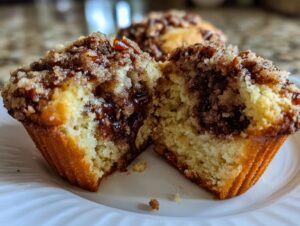 Close-up of a pecan pie muffin cut in half showing the gooey filling and crumb topping.