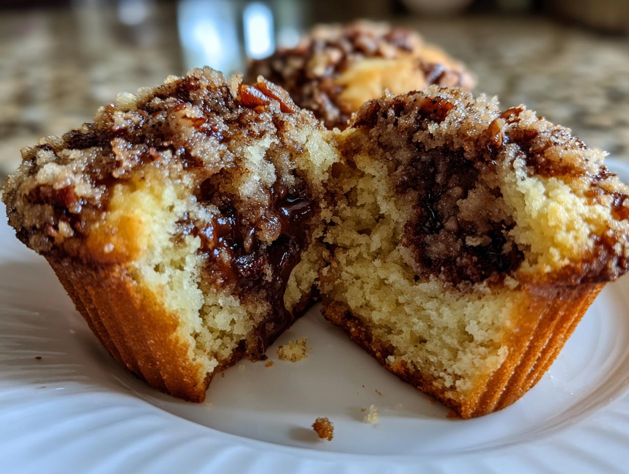 Close-up of a pecan pie muffin cut in half showing the gooey filling and crumb topping.