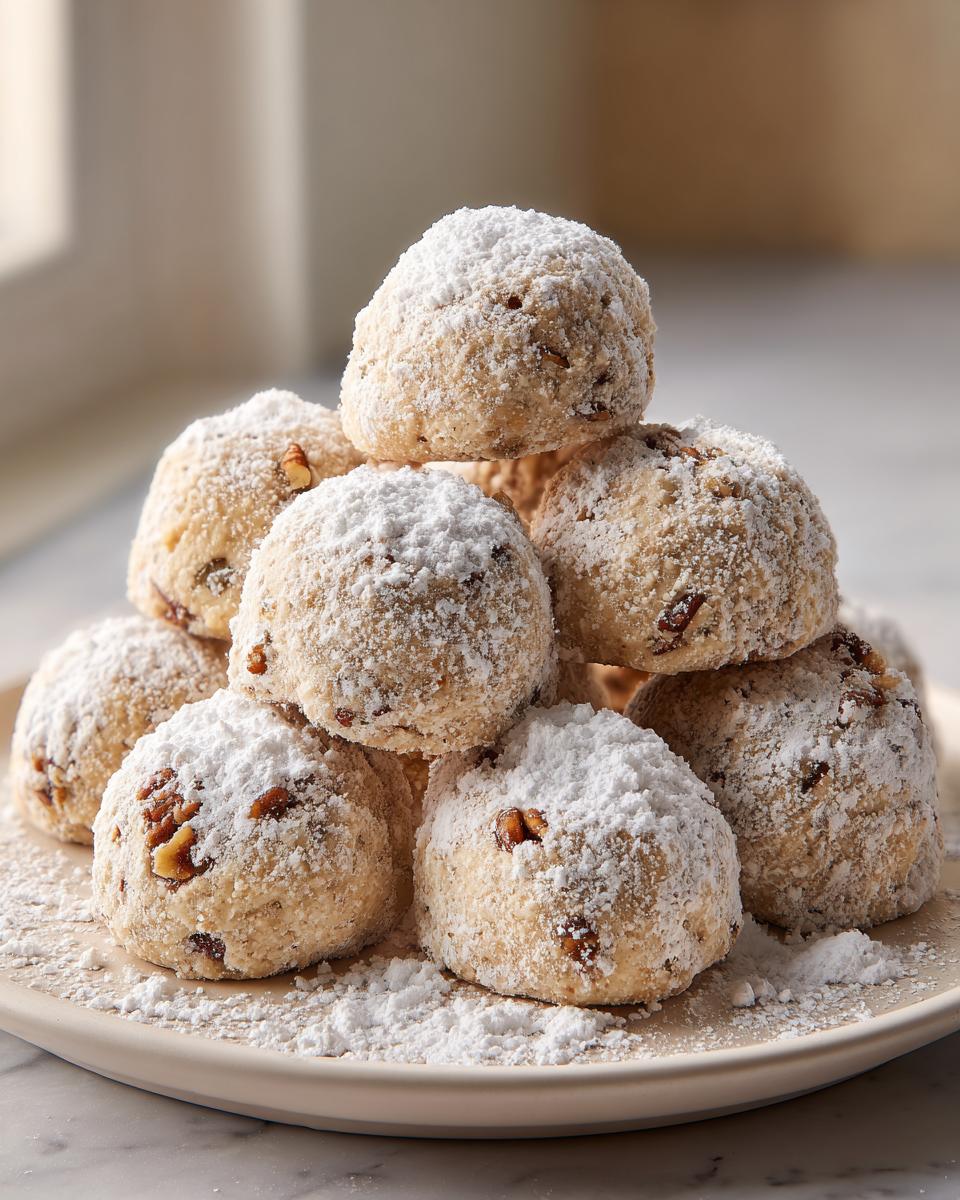 A stack of freshly baked Pecan Snowball Cookies dusted generously with powdered sugar.