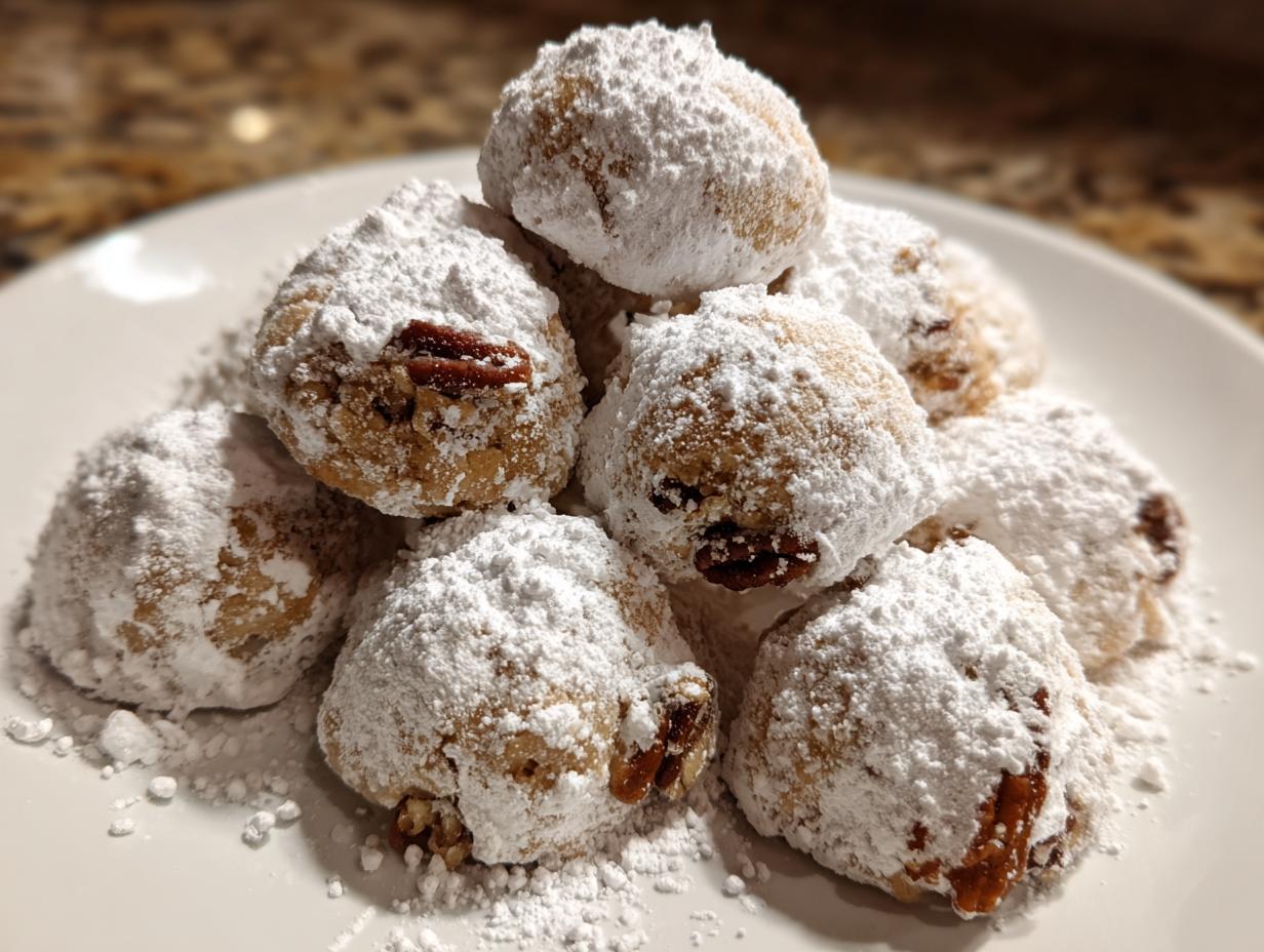 A pile of freshly baked Pecan Snowball Cookies generously coated in powdered sugar, with visible pecan pieces.