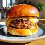 A close-up of a perfectly grilled burger with melted cheese on a toasted bun, showcasing its juicy texture.