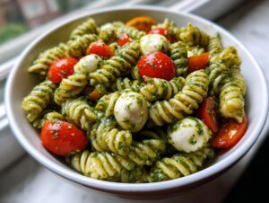 A close-up of vibrant pesto pasta salad featuring rotini pasta, cherry tomatoes, and small mozzarella balls in a white bowl.