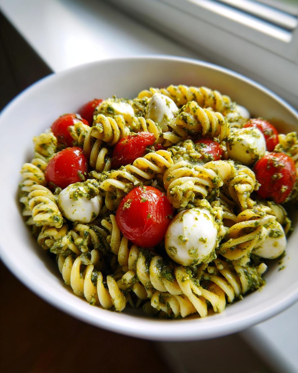 A close-up view of a bowl filled with pesto pasta salad featuring rotini pasta, cherry tomatoes, and small mozzarella balls.