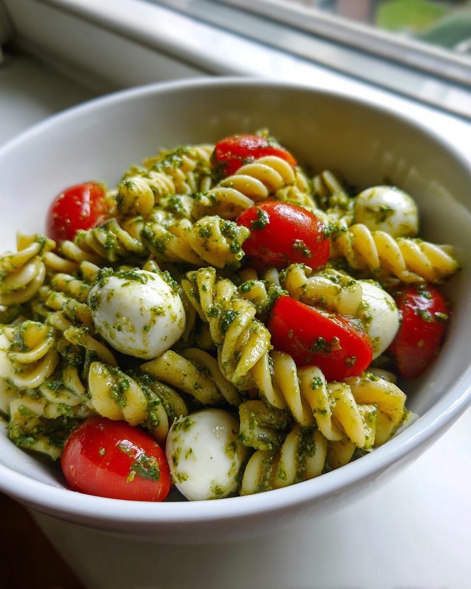 A white bowl filled with vibrant pesto pasta salad featuring fusilli, cherry tomatoes, and small mozzarella balls.