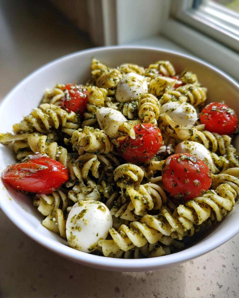 Close-up of a white bowl filled with pesto pasta salad featuring rotini, cherry tomatoes, and small mozzarella balls.