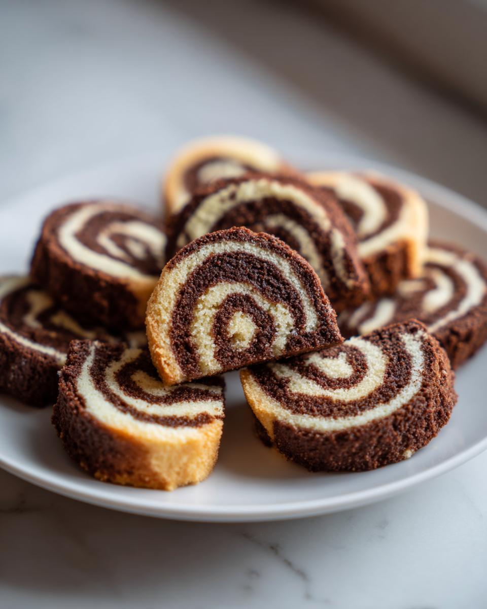 A close-up stack of sliced pinwheel cookies showing the distinct dark chocolate and vanilla swirl pattern.