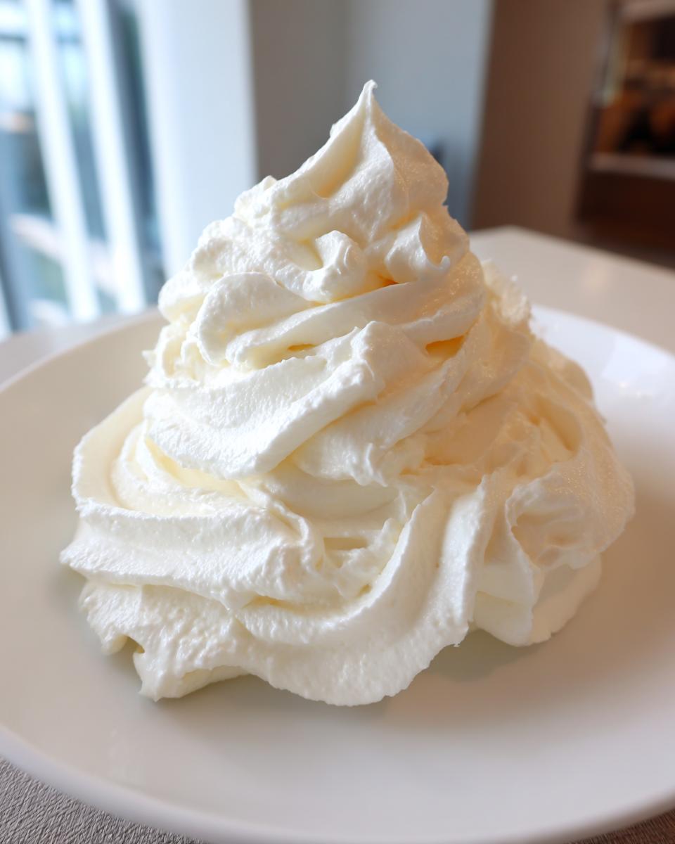 A tall, perfectly piped swirl of fluffy white cream cheese frosting on a white plate.
