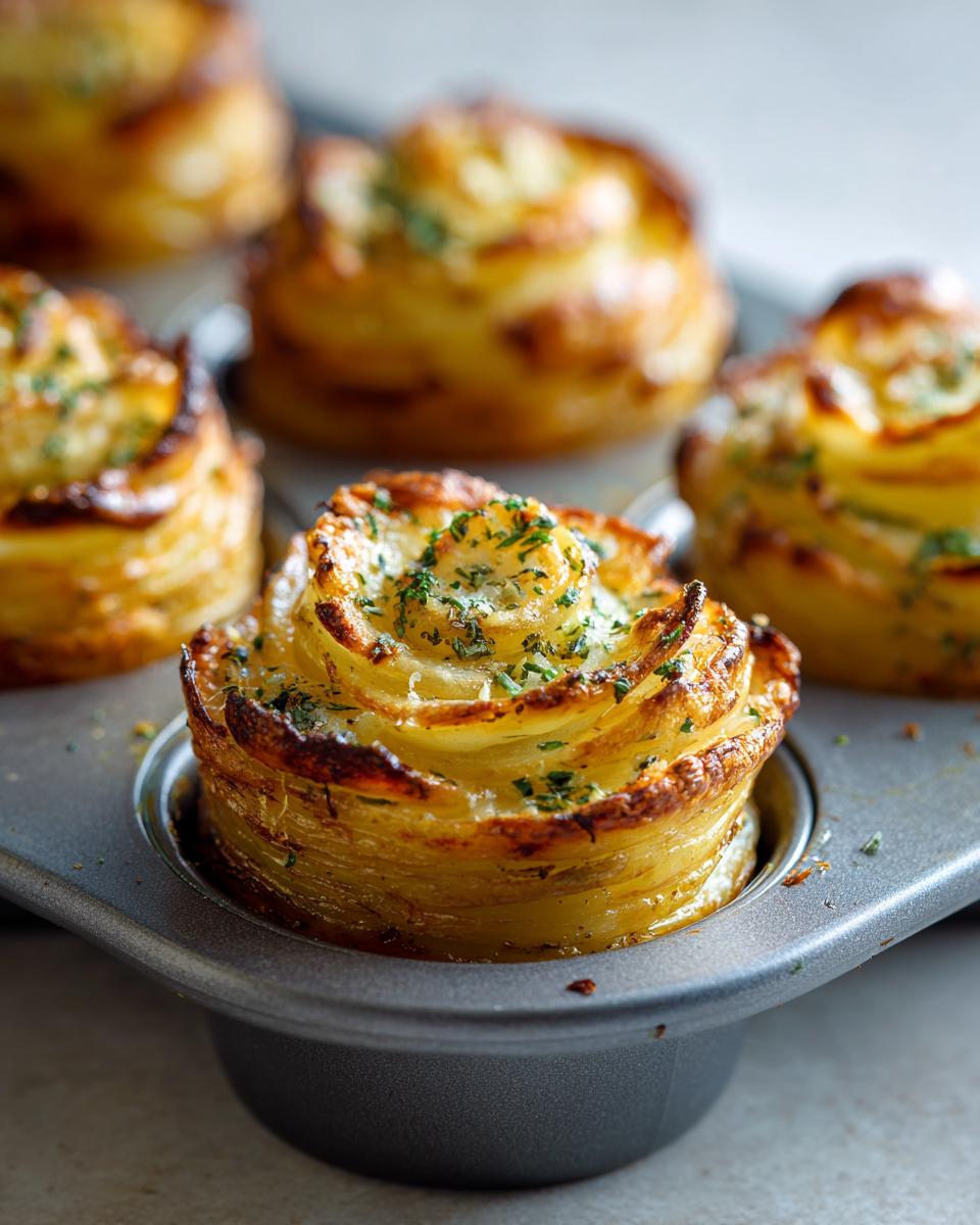 Close-up of golden potato stacks with garlic herb butter, baked in a muffin tin and sprinkled with fresh herbs.