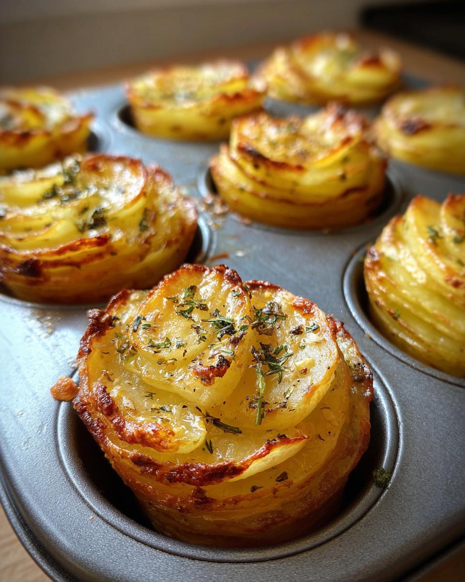 Close-up of golden potato stacks baked in a muffin tin, topped with garlic herb butter and herbs.