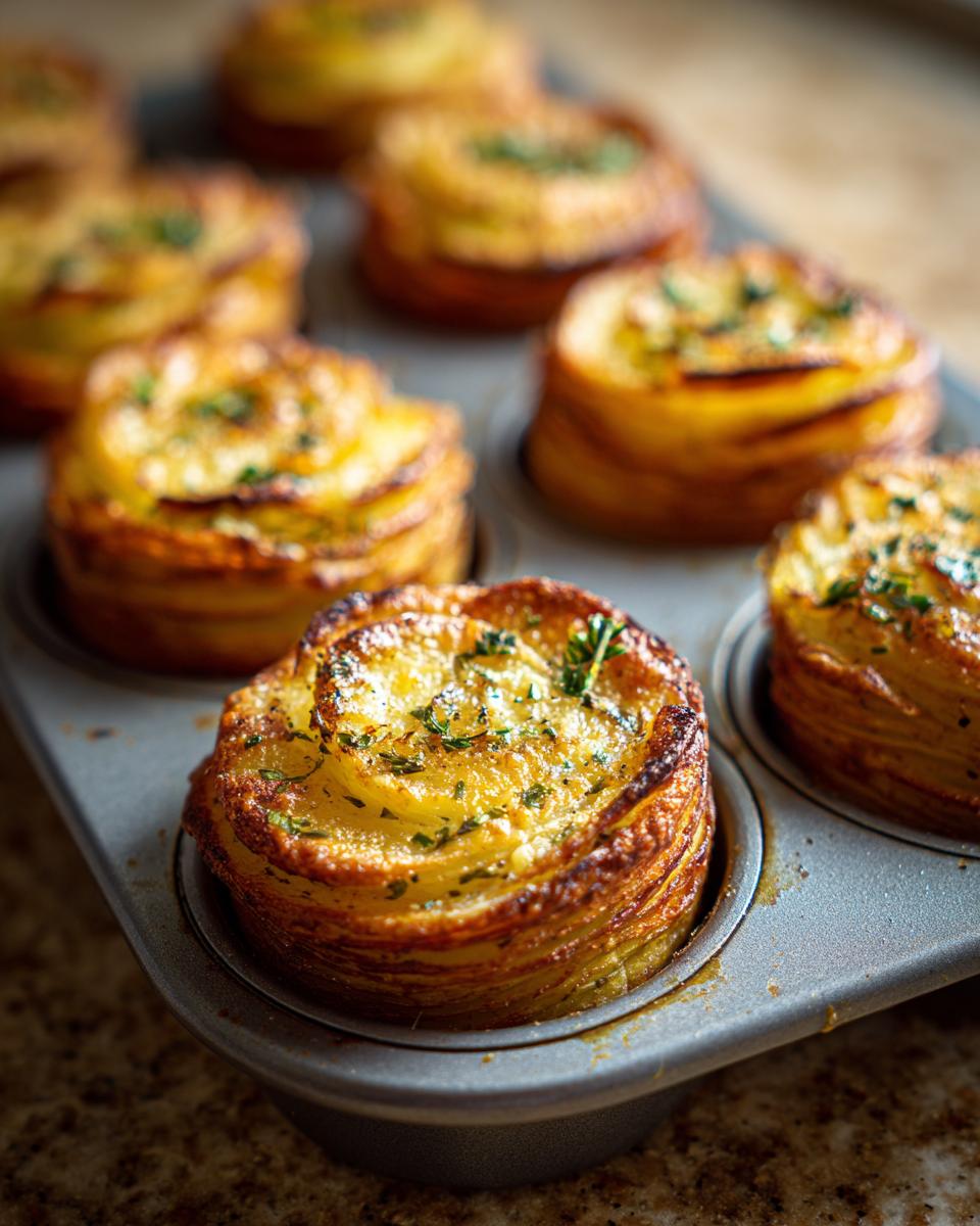 Golden brown potato stacks with garlic herb butter and fresh herbs, baked in a muffin tin.