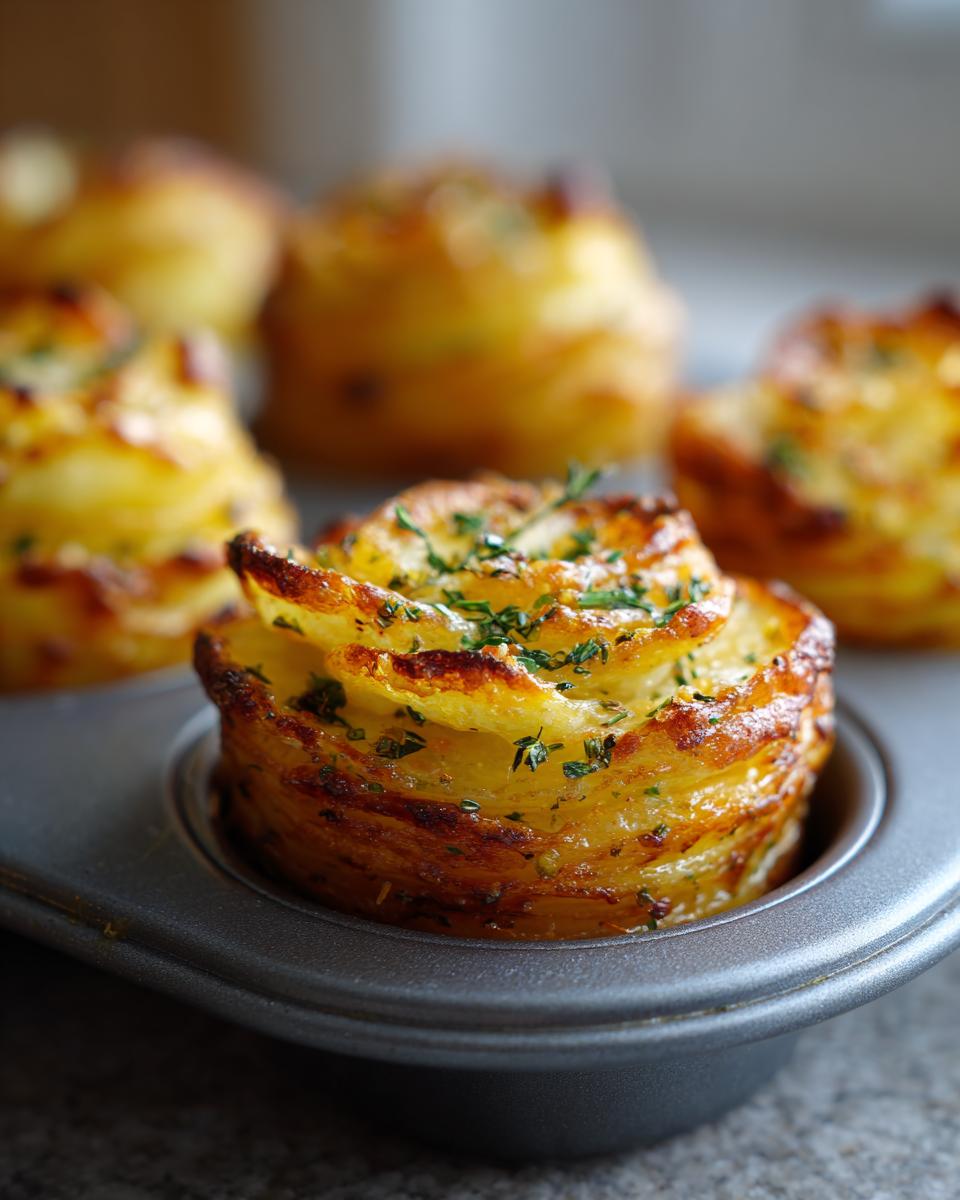 Close-up of golden potato stacks with garlic herb butter, baked in a muffin tin and sprinkled with fresh herbs.