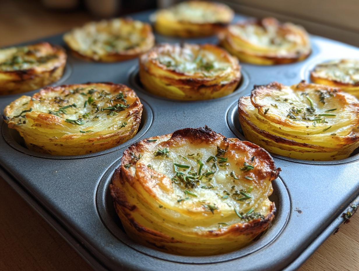 Close-up of golden-brown potato stacks with garlic herb butter baked in a muffin tin.