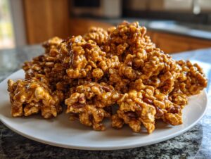 A pile of homemade Praline Crunch clusters made with puffed cereal and pecans, coated in a shiny caramel glaze.