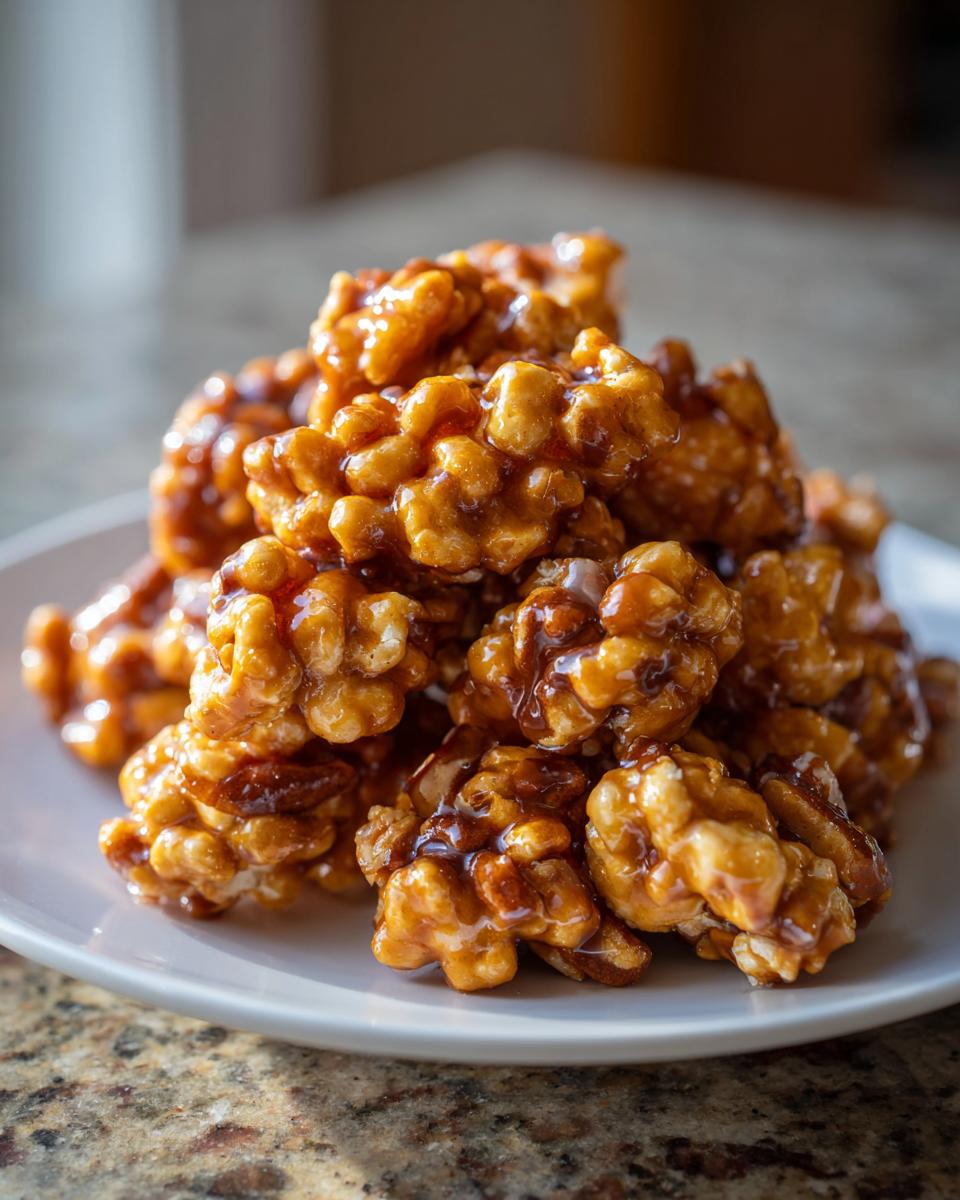 A close-up shot of a pile of Praline Crunch clusters on a white plate, showcasing their glossy, caramelized coating.