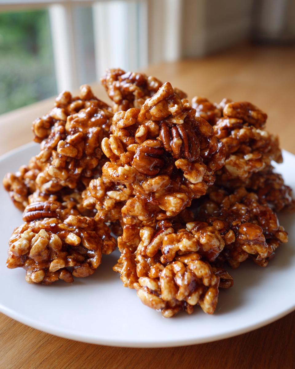 A pile of sweet and salty praline crunch clusters made with puffed rice and pecans on a white plate.
