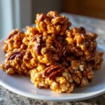 Close-up of a pile of Praline Crunch clusters, featuring puffed rice, pecans, and a glossy caramel coating.