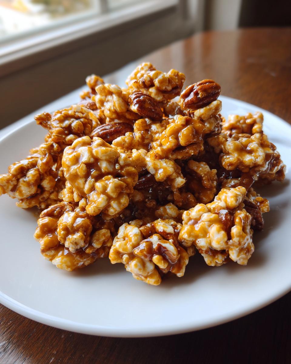 A pile of homemade Praline Crunch clusters made with nuts and caramel on a white plate.
