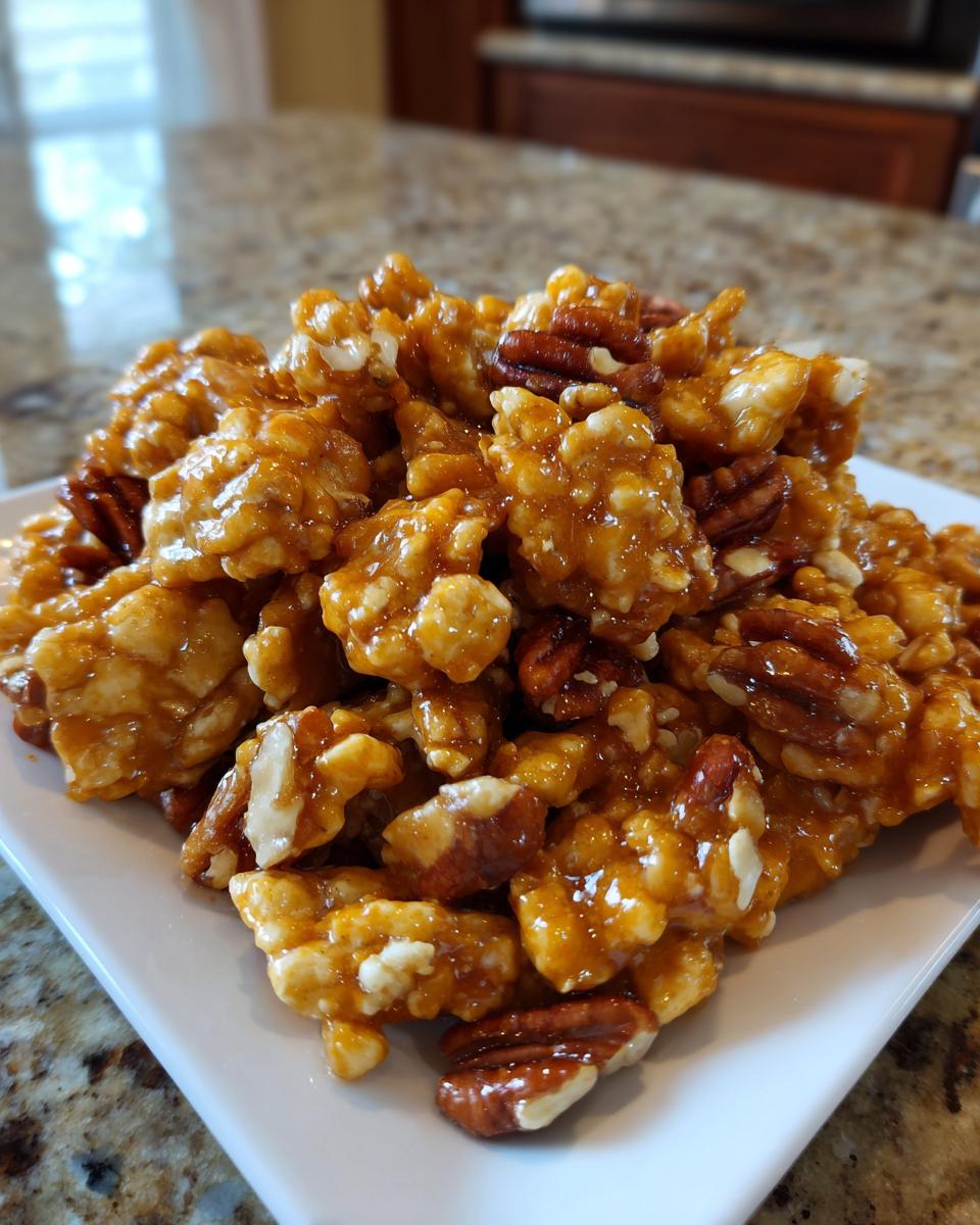 A close-up of a pile of Praline Crunch, featuring crunchy clusters of nuts and caramel.