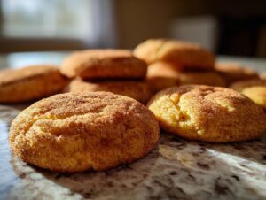 Close-up of several chewy pumpkin blondies coated in cinnamon sugar, arranged on a granite countertop.