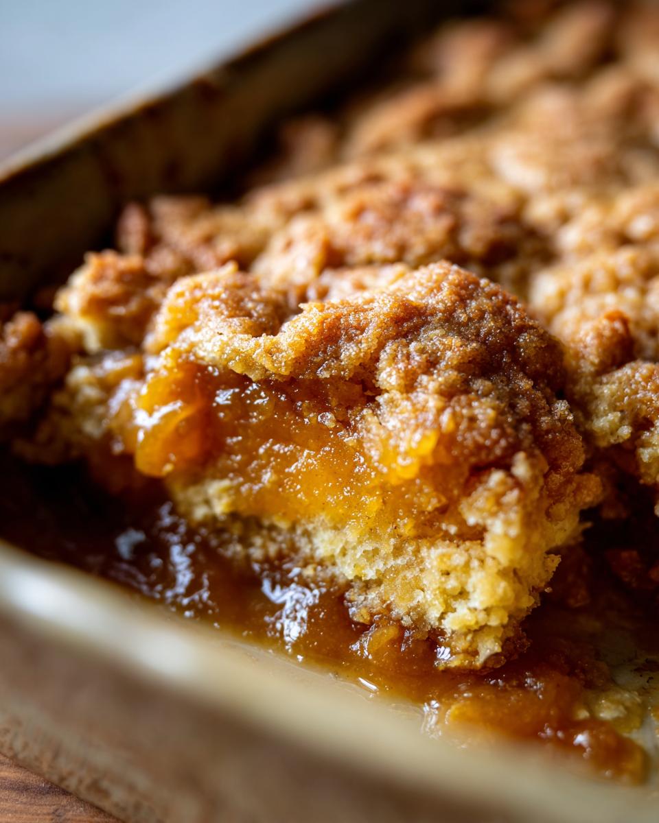 A close-up view of a slice of warm pumpkin cobbler with a crumbly topping in a baking dish.