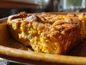 Close-up of a slice of moist pumpkin cobbler with a golden-brown crust.
