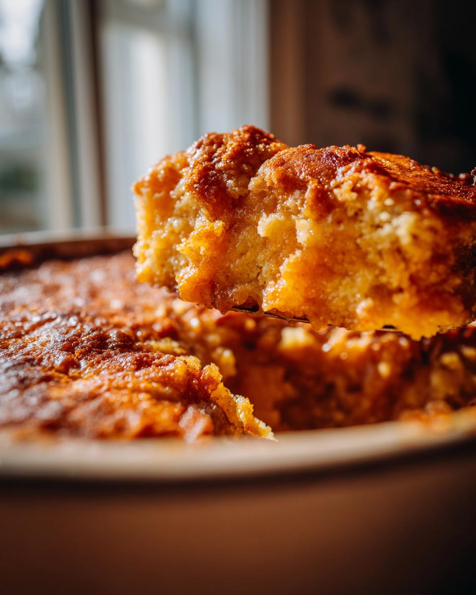 A slice of golden brown pumpkin cobbler being lifted from a baking dish, showing its moist texture.