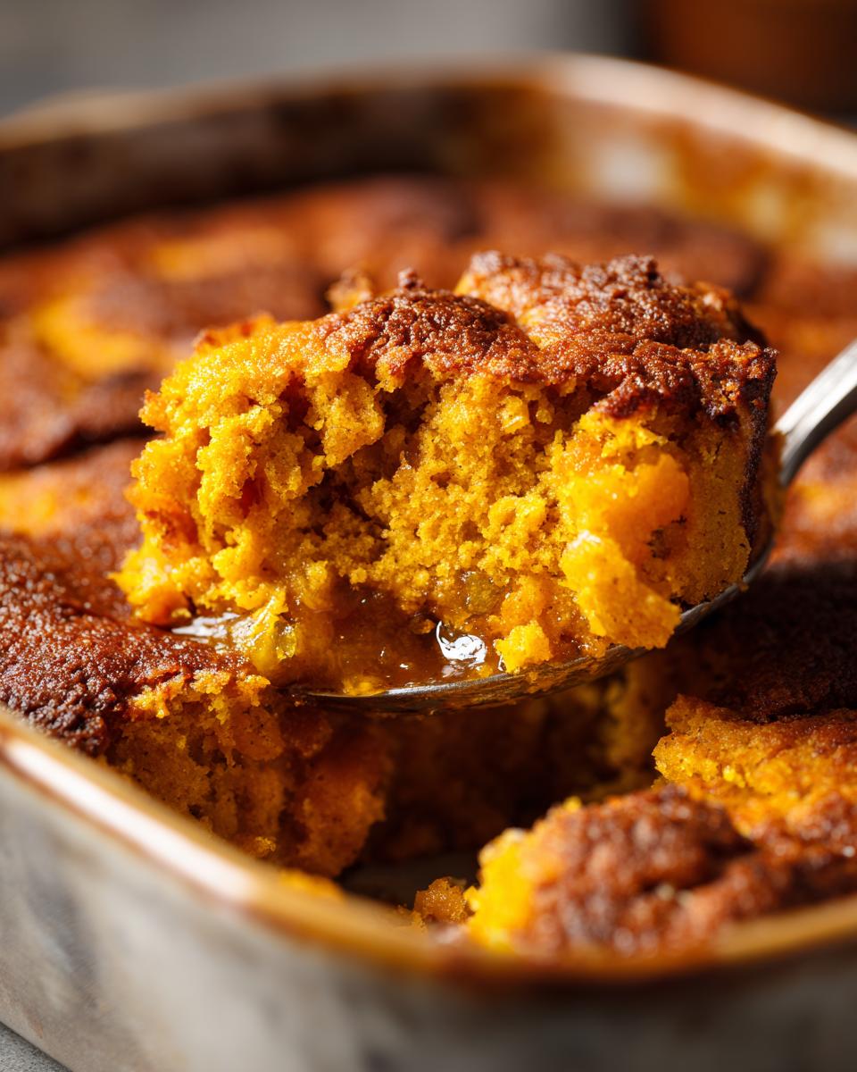 A spoonful of warm, moist pumpkin cobbler with a golden-brown crust, showing its tender interior.