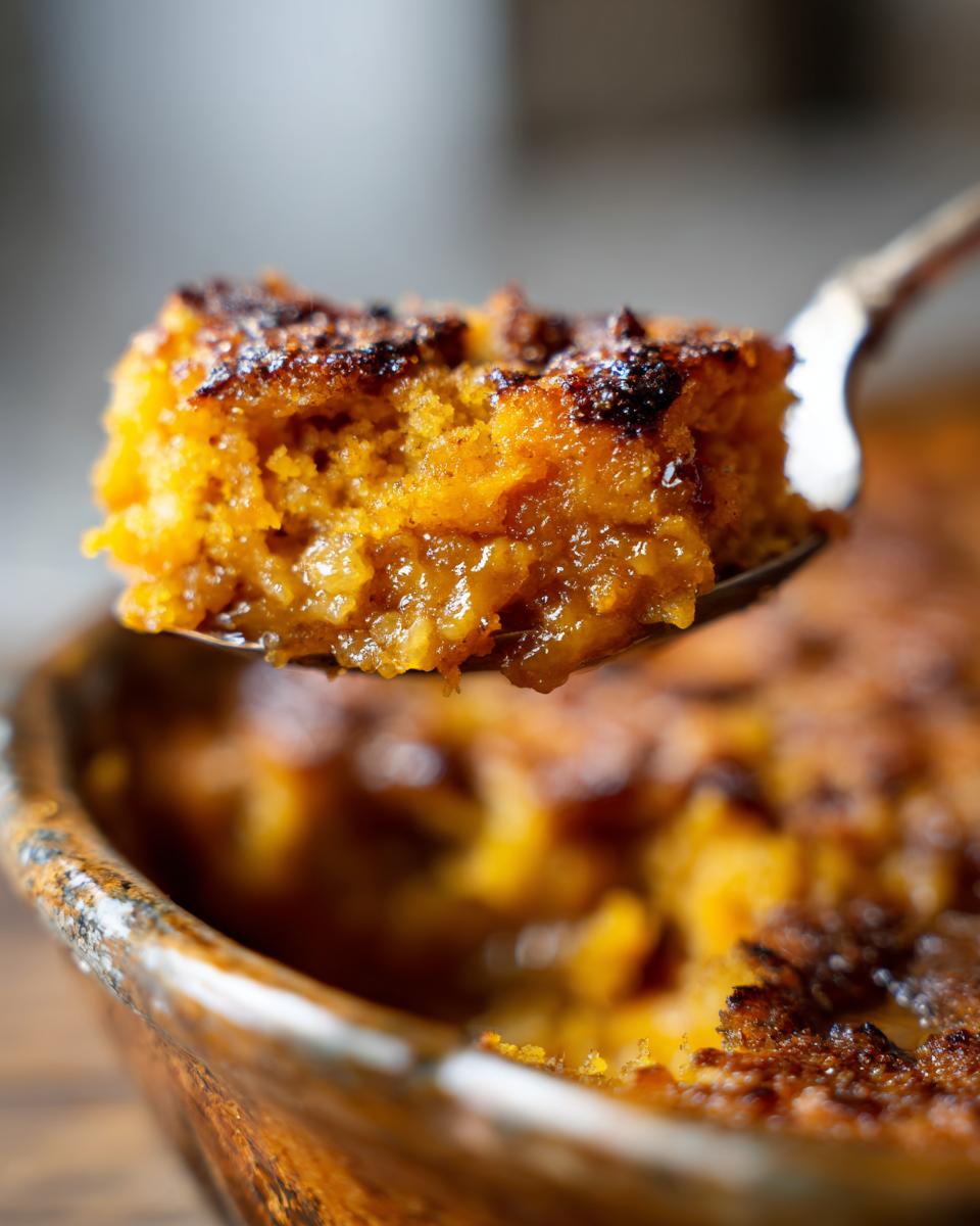 A spoonful of warm, gooey pumpkin cobbler with a caramelized topping, ready to be enjoyed.
