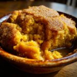A close-up of a warm, moist slice of pumpkin cobbler in a rustic brown bowl.
