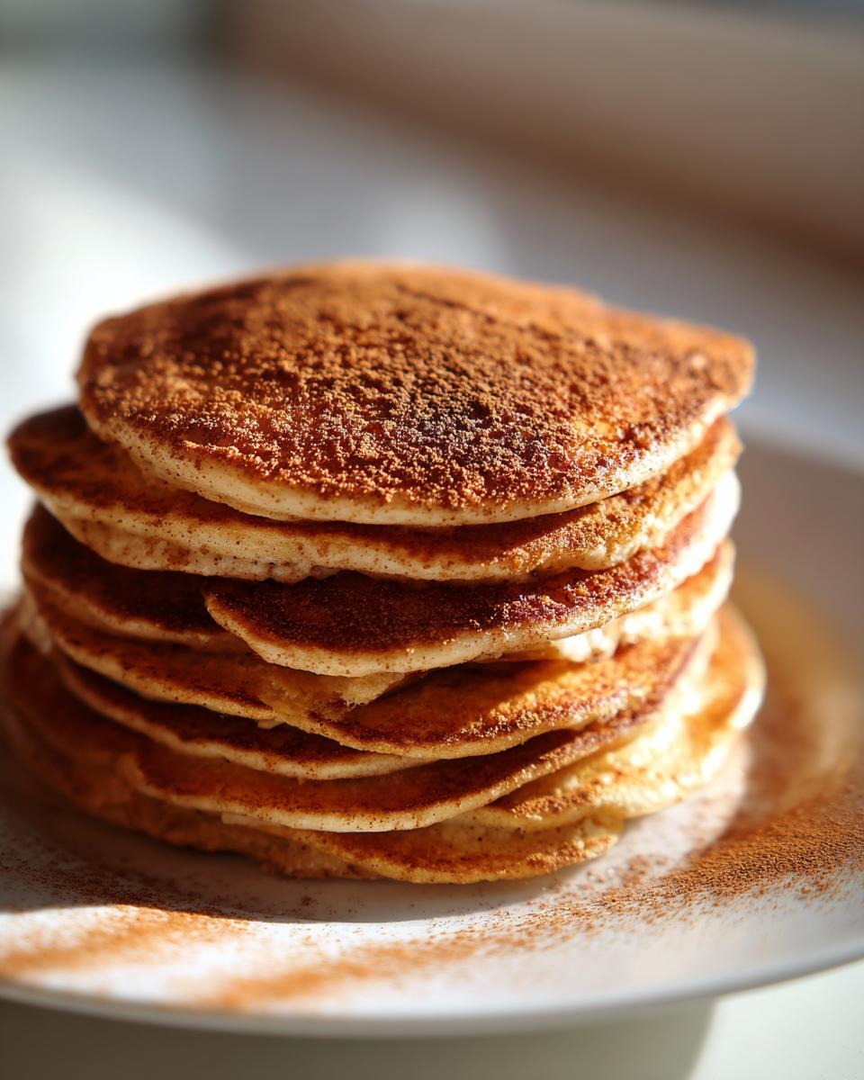A close-up of a stack of fluffy pumpkin pancakes dusted with cinnamon on a white plate.